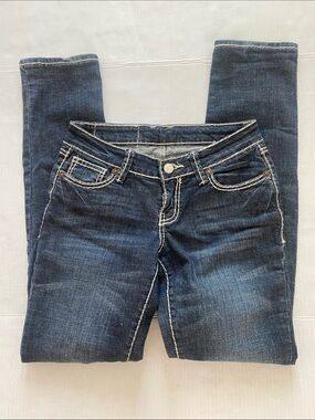 BISOU D’EVE, Straight Leg, low rise, Blue Jeans with cream stitching Size 36